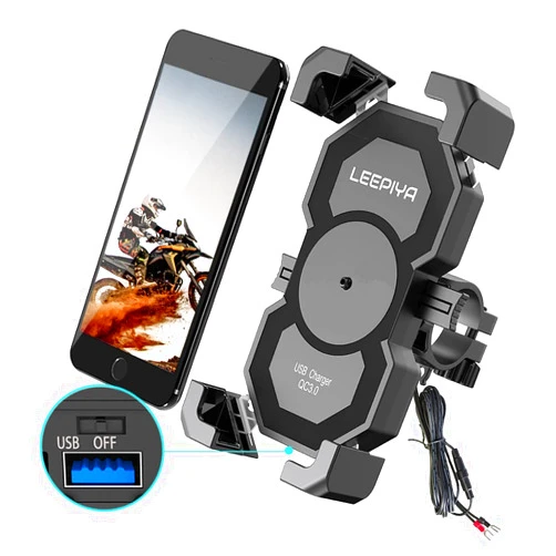 leepiya Motorcycle Cell Phone Mount with USB Quick Charger 3.0 Mount on 2-3CM Handlebar or Rear-View Mirror Fast Charging for 4-7 inch Cellphones