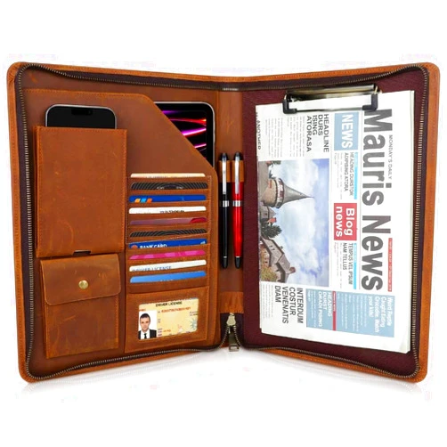 Fshsup Full Grain Leather Portfolio Binder, Leather Padfolio Business Resume Legal Pad Notebook Binder for A4/Pad, Leather Folio Leather Folder, Writing Pad for Business School Office