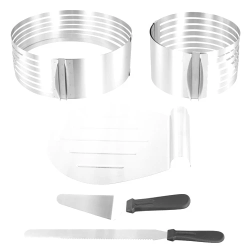 PINGEUI 5PCS Cake Making Supplies, 6 to12 Inch Adjustable Stainless Steel Cake Cutter Leveler, Cake Ring Mold Set, 7 Layer Cake Slicer Cutter