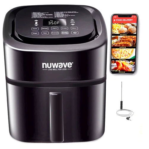 Nuwave Brio 8-Qt Air Fryer, Powerful 1800W, Easy-to-Read Cool White Display, 50°-400°F Temp Controls, 100 Pre-Programmed Presets & 50 Memory Slots, Integrated Smart Thermometer, Linear T Technology