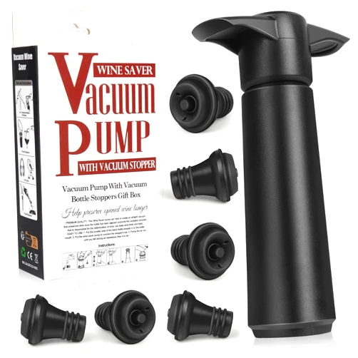 Rainaideng Wine Saver Pump with 6 Vacuum Stoppers，Wine Stopper, Wine Preserver, Wine Pump and Wine Vacuum Stopper are Black，Reusable Bottle Sealer Keeps Wine Fresh, Ideal Wine Accessories Gift