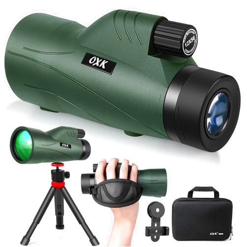 OXK Optics 12x56 High Power Monocular Telescope with Smartphone Adapter Tripod Bag, Lightweight Monoculars for Adults with BAK4 Prism & FMC Lens, Suitable for Bird Watching Camping - Army Green