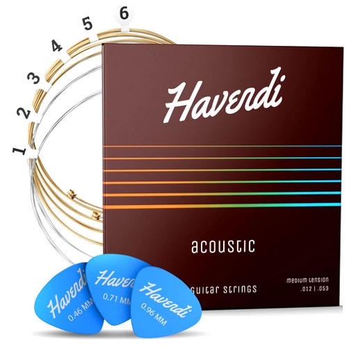 HAVENDI® Acoustic Guitar Strings for Acoustic Guitar with Phosphor Bronze Coated 6 String Set Including 3 Plectrums