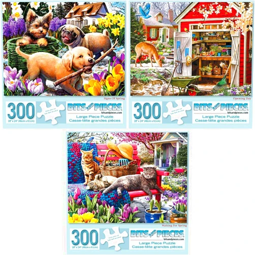 Bits and Pieces - Value Set of Three (3) - 300 Piece Jigsaw Puzzles for Adults - Spring Collection Large Piece Jigsaws by Artist Larry Jones - 18” x 24”