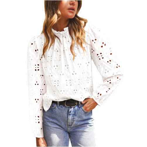 PRETTYGARDEN Womens Blouses Dressy Casual Embroidered Long Puff Sleeve Shirts Ruffle Eyelet Lace Top Fall Clothes