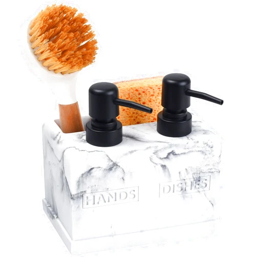 Deobath Hand and Dish Soap Dispenser Set for Kitchen Sink,Dual Soap Dispenser with Sponge Caddy and Brush Holder 4-in-1 Countertop Organizer for Kitchen Bathroom,Useful Kitchen Gadgets-White Marble Look