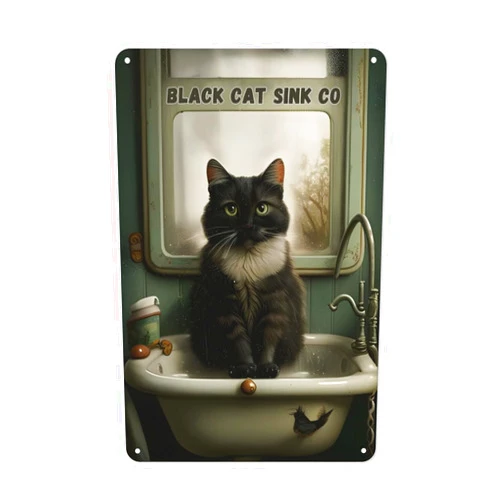 HUAGEXE Black Cat Decor Cat Decor Tin Signs Vintage Wall Art Decoration Living Room Bathroom Kitchen Poster Decor 8x12 Inch -black cat sink co