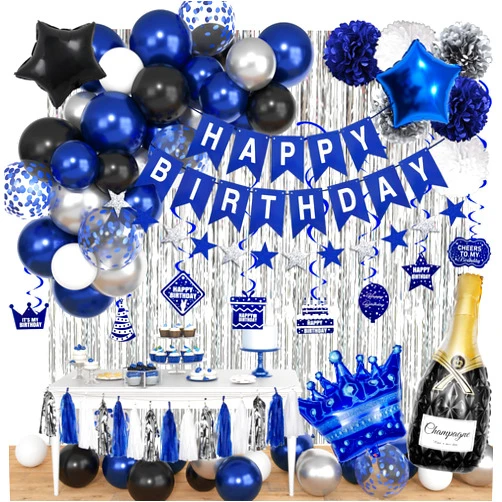 Ouddy Party Blue Birthday Decorations for Men Boys, Blue Silver Party Decorations Fringe Curtains Happy Birthday Banner Hanging Cutouts Tassels Graduation Party Decors 13th 16th 18th 21st 30th 40th 50th 60th Him