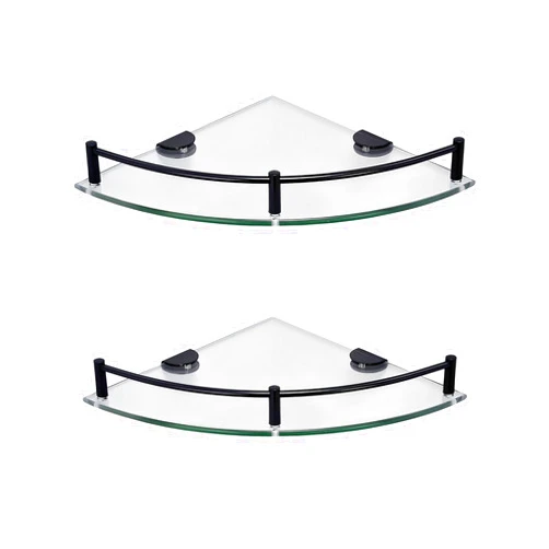 Paradmas Glass Shower Corner Shelves 2 Pack - Floating Bathroom Shelves Tempered Glass Shelf with Rails SUS 304 Stainless Steel Wall Mounted Organizer, 24cmx24cm 6mm, Black