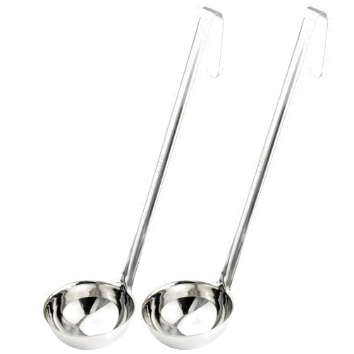 Fit Meal Prep [2 Pack] Stainless Steel Soup Ladle - One-Piece Sauce Spatula w/Hook Handles, Commercial Grade Serving Spoon, Kitchen Tool for Restaurant or Home Cooking, Mirror Finish, 14.25