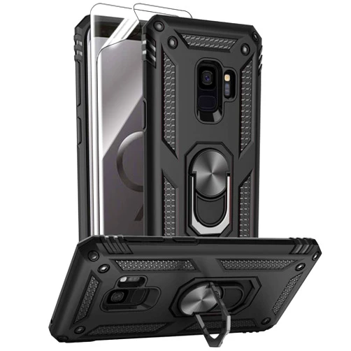 Androgate for Samsung Galaxy S9 Case with HD Screen Protectors, Military-Grade Metal Ring Holder Kickstand 15ft Drop Tested Shockproof Cover Case for Samsung Galaxy S9 (2018), Black