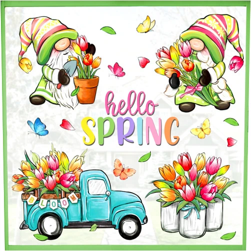 Mfault Hello Spring Gnome Window Clings 4 Sheets, Tulip Flower Teal Truck Mason Jar Farmhouse Wall Stickers Decal Decorations, Floral Bloom Butterfly Seasonal Living Room Home Kitchen Decor