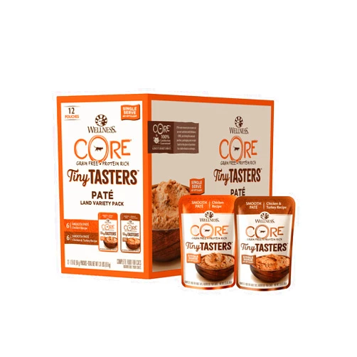 Wellness CORE Tiny Tasters Pate Adult Wet Cat Food, Natural, Protein-Rich, Grain Free, 1.75-Ounce Pouch, 12 Pack, (Land Variety Pack)