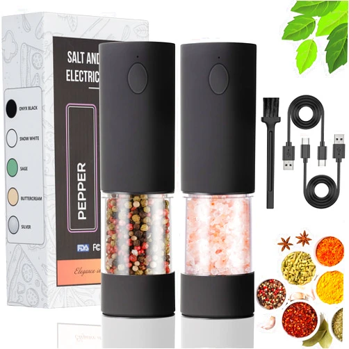 OPIIV 2 Pack Electric Salt and Pepper Grinder Set - USB Rechargeable Automatic Salt Pepper Mill Shaker with LED Light, Adjustable Coarseness, One Hand Operation