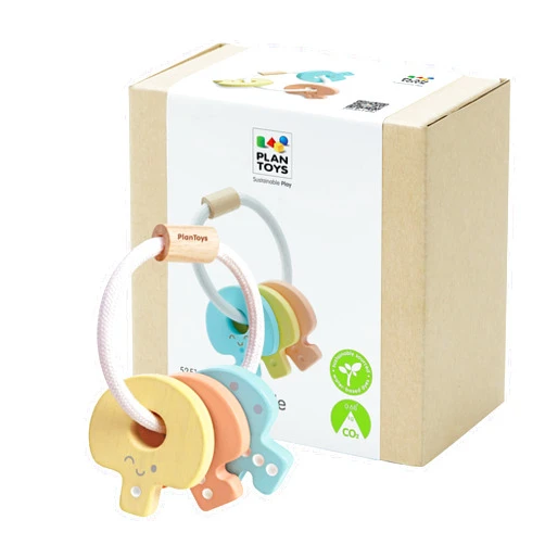PlanToys® Wooden Pastel Baby Key Rattle | Montessori Sensory Toy for Newborns, Infants & Toddlers | Eco-Friendly Wooden Baby Toy for Fine Motor Skills, Visual & Auditory Development