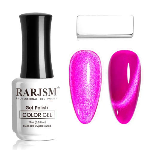 RARJSM Cat Eye Gel Polish Fuchsia Purple Pink 15ml 9D Cateye Silver Glitter Galaxy Universal Velvet Effect Ice Gel Nail Polish with Magnetic Stick UV LED Curing Require Soak Off DIY Home Salon
