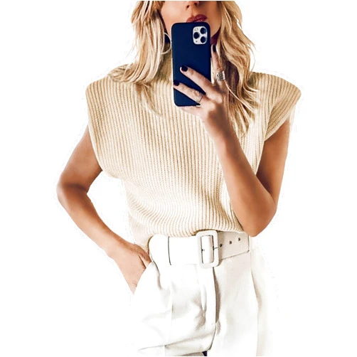 Hooever Women's Turtleneck Sleeveless Knitted Tank Tops Shoulder Pads Sweater Vest