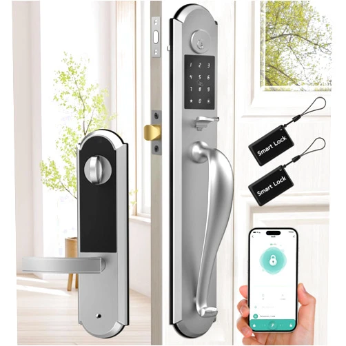 Anweller Keyless Entry Door Lock Deadbolt with Handle Set for Front Door, Integrated Deadbolt and Knob, Keypad Code Electronic Digital Bluetooth Smart Safety Double Exterior Door Lock - Silver