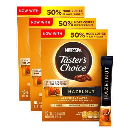 Duuous Nescafé NESCAFE TASTER'S CHOICE Hazelnut Instant Coffee Beverage, 0.1 ounce 16 Count (3 packs)