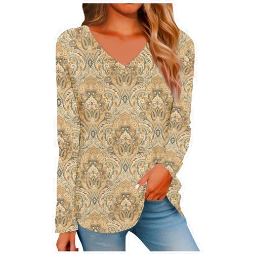 HUMMHUANJ Long Sleeve Shirts for Women Floral Tops 2024 Fall Clothes Hippie V Neck Pullover Sweatshirt Casual Blouses