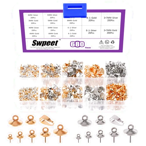 Swpeet 680Pcs Gold and Sliver 3mm 4mm 5mm 6mm 8mm Cup Pearl Screw Eye Pin Bail Peg Pendants with 7mm Pendant Charm Clasps Connector Kit, Perfect for Half-drilled Beads Jewelry Making