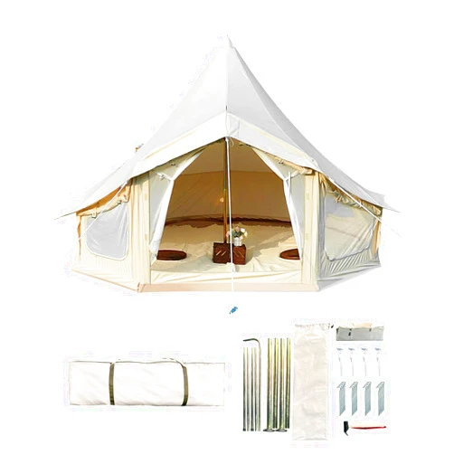 GarveeLife Canvas Bell Tent, 4 Seasons Yurt Tent with 2 Stove Jack, 4 Mesh Zippers Windows, Breathable Waterproof Tent Suitable for 4-12 People, Family Camping Outdoor Party