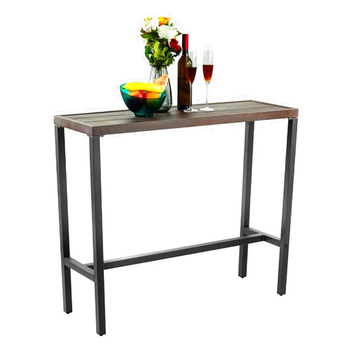 MEOOEM Outdoor Bar Table 45.5” Pub Height Dining Table Bistro Patio Narrow Balcony Table Metal Frame with Chic Wood-Like Tabletop Stands