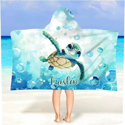 NIBESSER Kids Hooded Beach Towel Personalized Beach Towels with Names for Kids Microfiber Quick Dry Beach Towel with Hood for Boys Girls Custom Sand Free Pool Towels Soft Bath Towels(Sea Turtle)