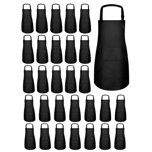 ZLEVEAYN 30 Pcs Kids Apron Bulk Adjustable Children Bib Aprons with Pockets for Girls Painting Kitchen Cooking Baking (Black, L)