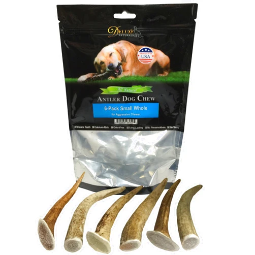 Deluxe Naturals Elk Antler Dog Chews | Long-Lasting A-Grade Premium Elk Antler Chews for Dogs from Naturally Shed Elk Antlers Collected in The USA, 6-Pack Small Whole