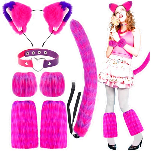 NinkyNonk 7 PCS Pink and Purple Striped Cat Costume for Girls Women Halloween Cosplay Accessories - Cat Ears Headbands, Furry Tail, Love Heart Choker, Striped Gloves and Leg Warmers for Halloween Dress up