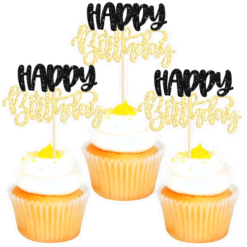 Gyufise 24Pcs Happy Birthday Cupcake Toppers Glitter Double Layer Birthday Cupcake Picks for Celebrating Baby Shower Kids Boys Girls Birthday Anniversary Party Decorations Supplies Black Gold