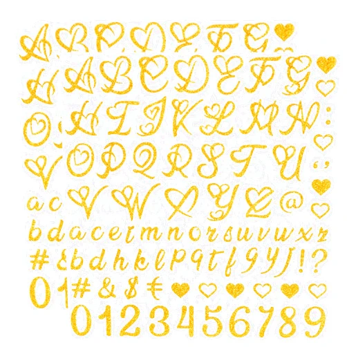 YKYUASD 820 Pcs 10 Sheets Valentines Day Stickers Vinyl Gold Alphanumeric Stickers Self-Adhesive Letter Number Symbol Heart Stickers for DIY Crafts Art, Classroom Decor, Address Number (Gold,1inch)