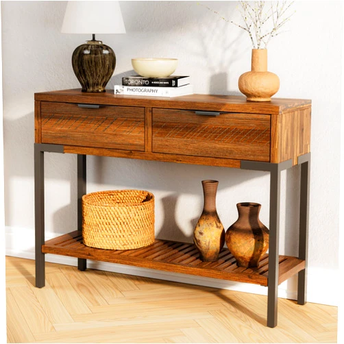 Bme Millie Farmhouse Solid Wood Console Table with 2 Drawers & Storage Shelves, 43