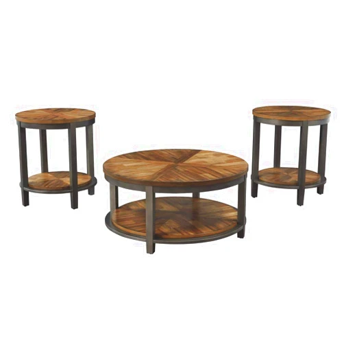 Signature Design by Ashley Roybeck Rustic Round 3-Piece Table Set, Includes 1 Coffee Table and 2 End Tables with Fixed Shelf, Light Brown