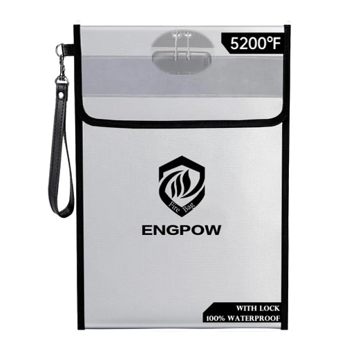 ENGPOW Fireproof Document Bag with Lock (5200℉),15”x 11”Waterproof and Fireproof Money Bag with Reflective Strip,Fireproof Safe Storage Pouch with Zipper for Valuables,Cash,A4 Legal Documents,File