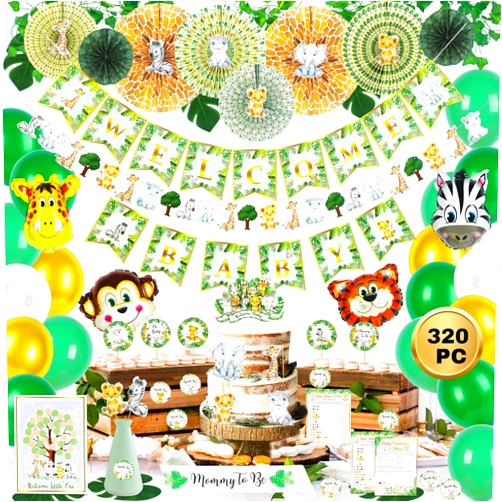 REGAL DECORATIONS 320-Piece Jungle Safari Baby Shower Decorations Kit for Boy or Girl | Gender Neutral Animal Theme Decor with Balloons, Banners, Garland, Fans, Sash, Cake Topper, Games, Stickers, Cutouts, Ivy Vines