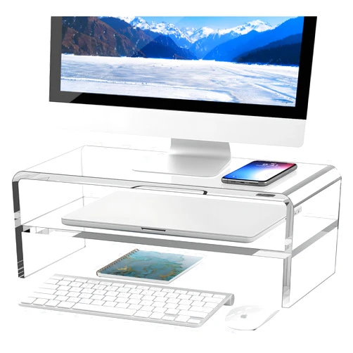 Egchi Clear Acrylic Monitor Stand Riser 2 Tier, 5.12 Inches High Clear Computer Desk Organizer Shelf for Multi Media PC Storage Laptop