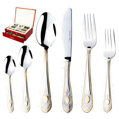 DIZORA 75-Piece Gold Flatware Set Dining Service for 12 - Premium 18/10 Stainless Steel - 24K Gold Plated Trim - Silverware Serving Set Lightweight - Wood Flatware Box - Dishwasher Safe (Medalion)