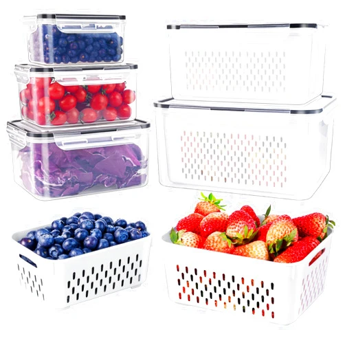 Freshmage 5 PCS Large Fruit Containers for Fridge - Leakproof Food Storage Containers with Removable Colander - Dishwasher & microwave safe Produce Containers Keep Fruits, Vegetables, Berry, Meat Fresh longer