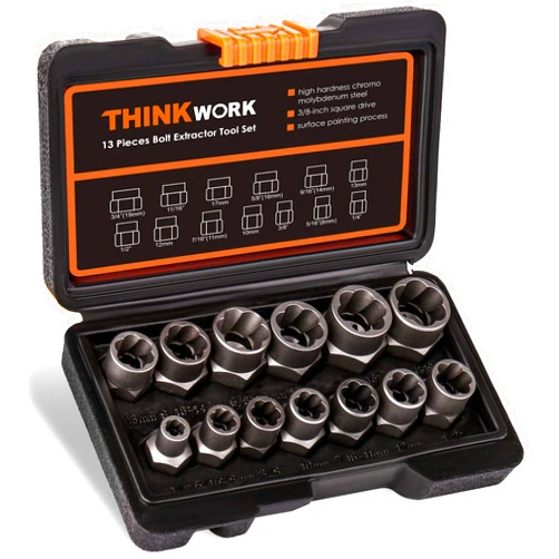 THINKWORK Bolt Extractor Set, 13+1 Pieces Impact & Nut Remover Stripped Lug Remover, Extraction Socket Set for Removing Damaged, Frozen, Rusted, Rounded-Off Bolts, Nuts Screws
