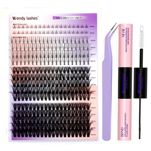 WENDY LASHES DIY Lash Extension Kit Lash Clusters With Bottom Lashes 20/30/40/50D 12-18mm Multi-types Individual Lashes Bond and Seal, Spike, Volume Lashes Kit Lash Applicator(40/50 Kit)