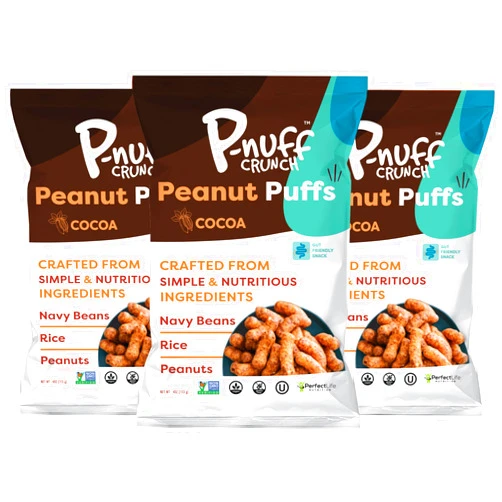 P-Nuff Pnuff Crunch Peanut Butter Puffs - Healthy Snacks, Low Calorie Snacks, Gluten Free Snacks, Vegan, High Protein, Keto, Office Snacks, Low Sugar, as Seen on Shark Tank - Cocoa, 4 Oz Bag (Pack of 3)