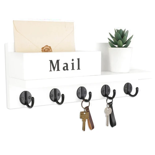 Lucundm Key & Mail Holder for Wall, Decorative Key Holder with Letter Holder for Mails, Magazines, 5 Sturdy Hooks for Dog Leash, Coat, Mail Organizer Shelf (15.7”W x 5.3”H x 3.5”D)