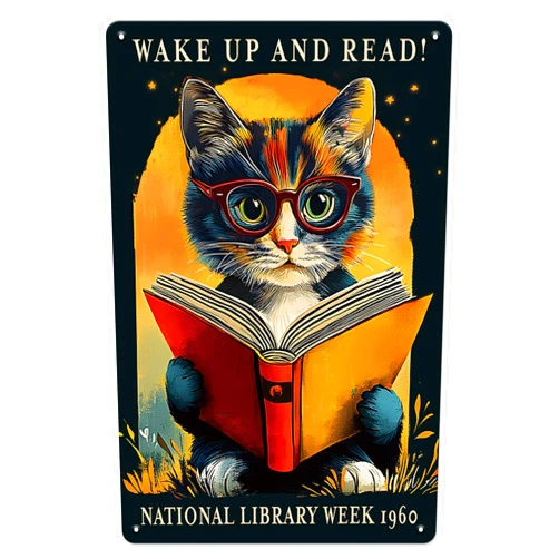 Seeyoo Cat Reading Book Metal Tin Sign Vintage Inspirational Wall Decor for School Library Study Room Bookstore Home Office 8x12 Inch