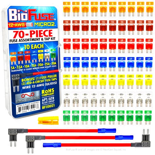 BIOFUSE 12 AWG Micro2 APT ATR 70 Piece Automotive Car Fuse Assortment and Holders Pack (3 Add-a-Circuit Fuse Tap Adapters, 70 Micro 2 Blade Fuses + Fuse Puller) 5A 7.5A 10A 15A 20A 25A 30A
