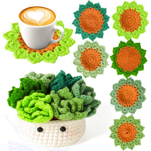 LOMOHOO Crochet Kit for Beginners, 6PCS Crochet Coasters Kit, Flower Potted Plant Crochet Kit with Crochet Hook, Colorful Yarn, Stitch Marker, Instruction, Craft Lover DIY Material Tools(Green)