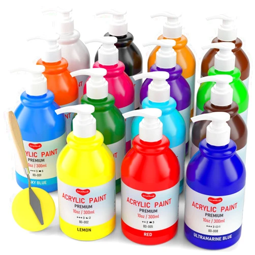 Smallbudi 15 Colors Large Bulk Acrylic Paint Set (10 oz,300 ml) Art Painting Supplies for Multi Surface Canvas Wood Leather Fabric Rock Craft, Non Toxic Paint for Kid & Adult with Pump, Color Wheel