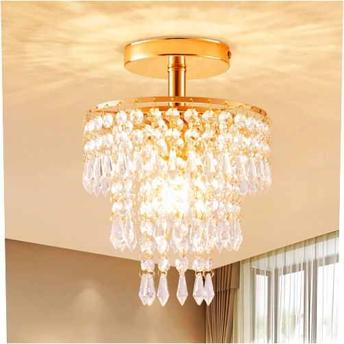 Cyaruy Modern Mini Crystal Chandelier, 3-Tier Raindrops Design Small Chandelier Light Fixture, Flush Mount Ceiling Light Fixture for Bedroom, Hallway, Living Room - E26 Base, Chandelier for Bedroom (Gold)