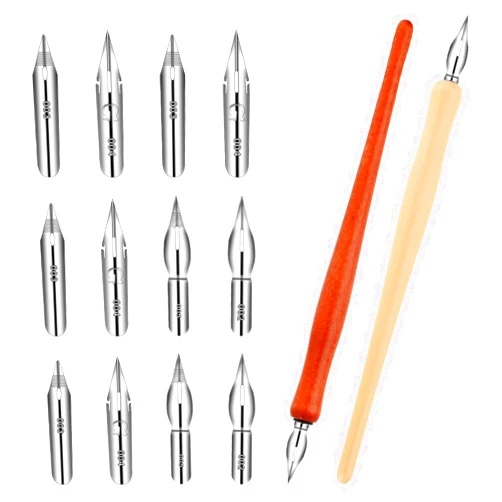 Piriuuo 14 Pcs Dip Pen Set Nib Pen Holder Comic Pen Nib Set G Pen Ink Nib Calligraphy Pen Nibs Wooden Drawing Pen Holder with Stainless Steel Pen Nibs Dip Pens for Writing, Painting, Signing